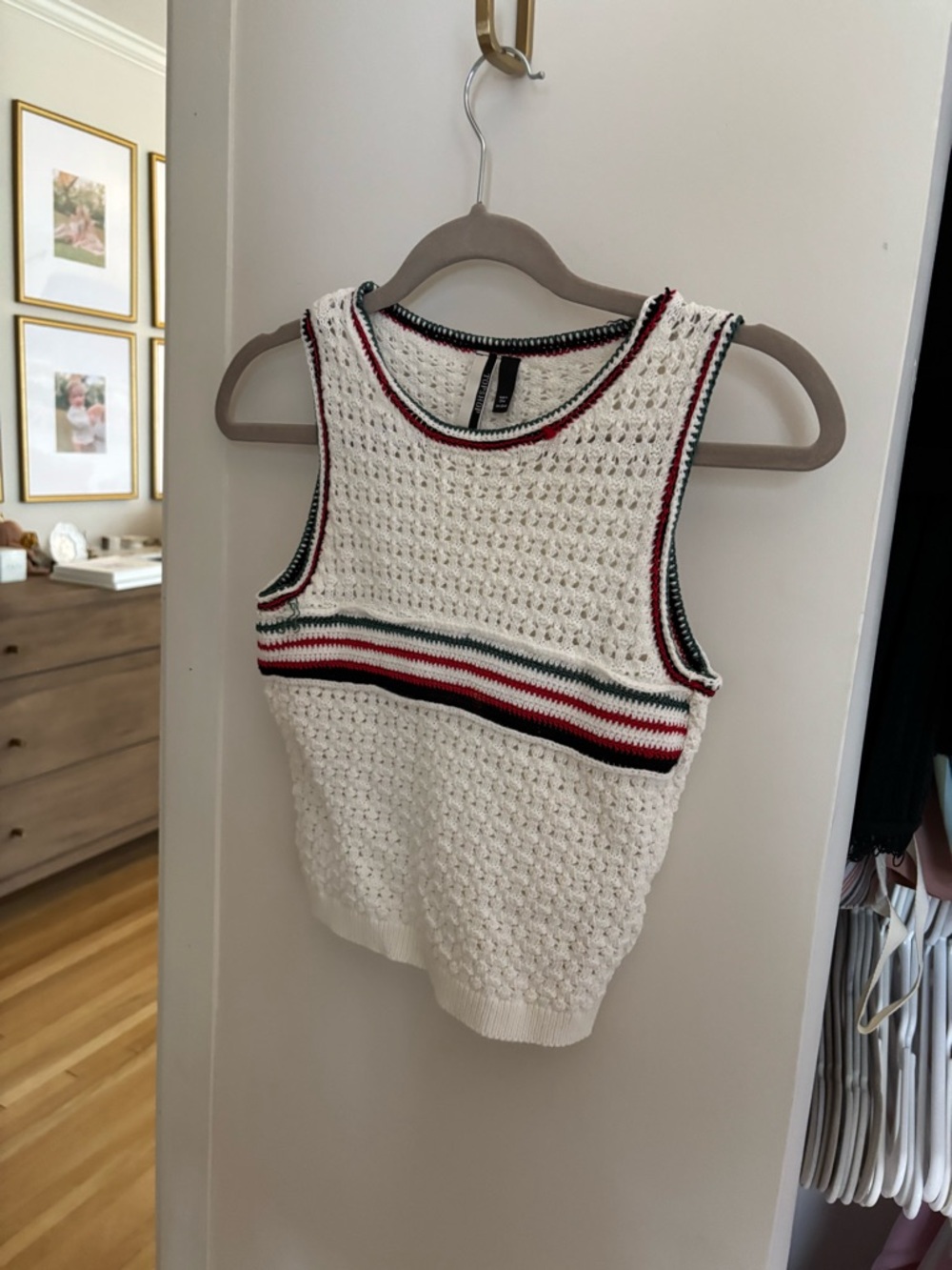 Topshop White Crochet Tank with Red, Green & Black Stripe Trim